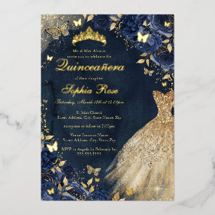 Navy Blumen-Schmetterling-Gold-Kleid Quinceanera Folieneinladung