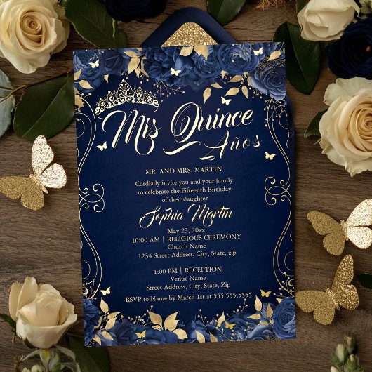 Navy Blumengarten Gold Mis Quince Quinceanera Folieneinladung