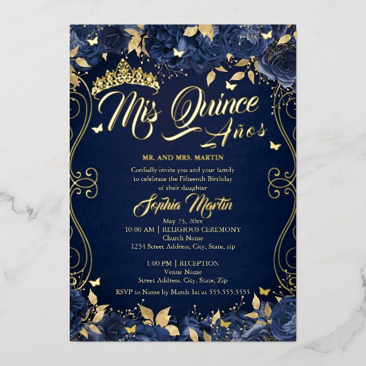 Navy Blumengarten Gold Mis Quince Quinceanera Folieneinladung (Vorderseite)
