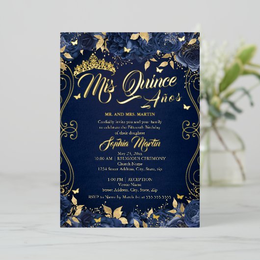 Navy Blumengarten Gold Mis Quince Quinceanera Folieneinladung (Stehend vorne)