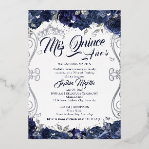 Navy Blumengarten Silver Mis Quince Quinceanera Folieneinladung