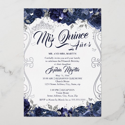 Navy Blumengarten Silver Mis Quince Quinceanera Folieneinladung (Vorderseite)