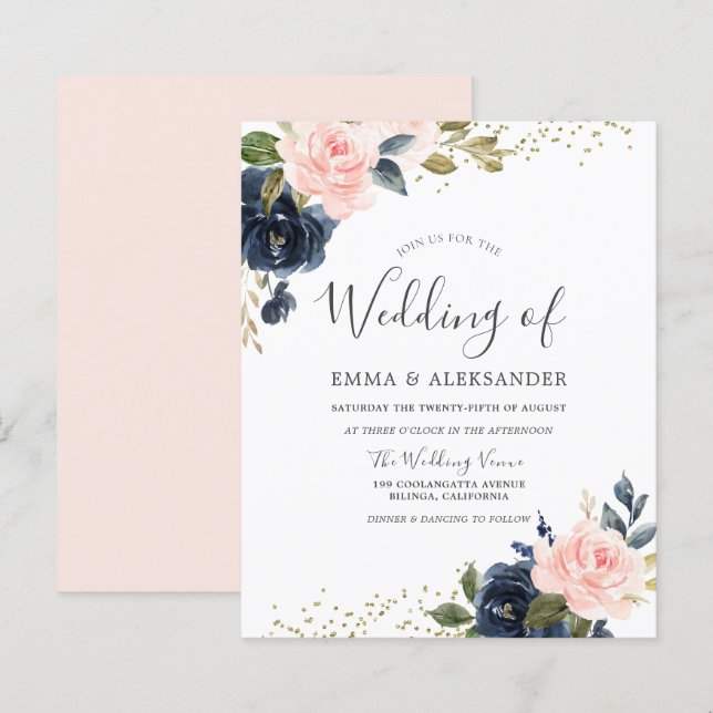 Navy & Blush auf eine budgetäre Hochzeitseinladung (Vorne/Hinten)