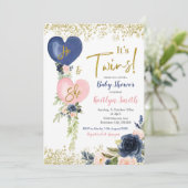 Navy & Blush Ballon Twins Baby Dusche Einladung (Stehend Vorderseite)