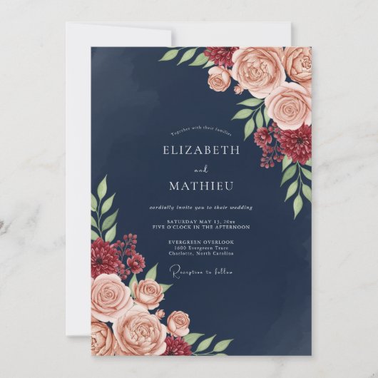 Navy Blush Bloom Romance Wedding Einladung (Vorderseite)