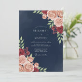 Navy Blush Bloom Romance Wedding Einladung (Stehend Vorderseite)