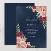 Navy Blush Bloom Romance Wedding Einladung (Vorne/Hinten)