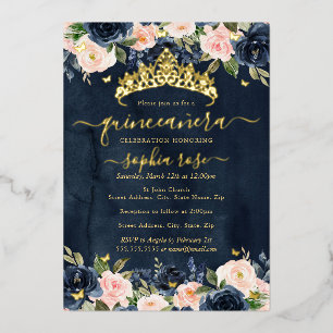 Navy Blush Bloral Golden Butterfly Quinceanera Folieneinladung