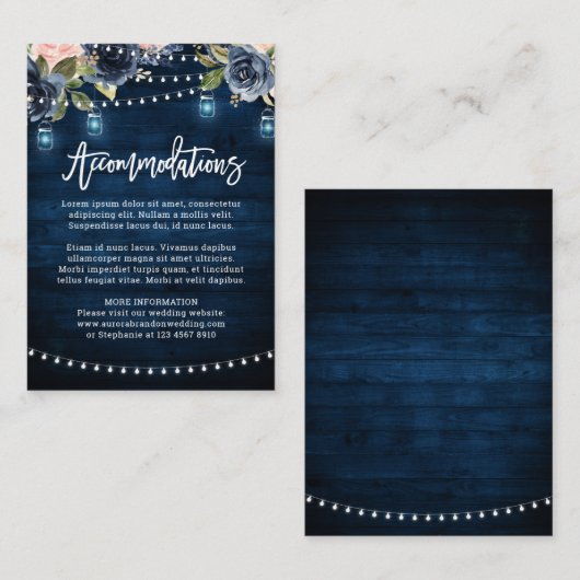 Navy Blush Bloral Rustic String Light Unterkunft Begleitkarte (Vorne/Hinten)
