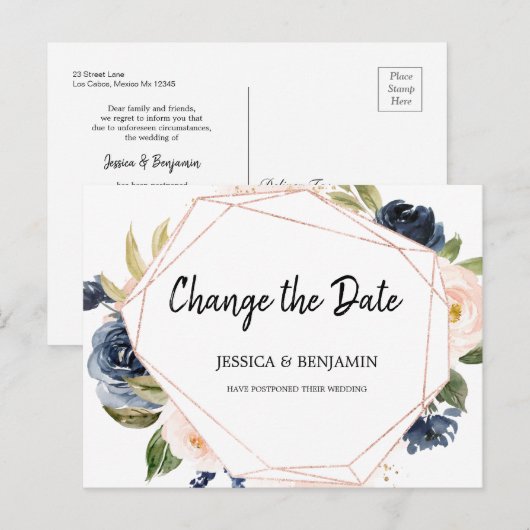 Navy Blush Blossom Blumenwechsel Datum Postkarte (Vorne/Hinten)