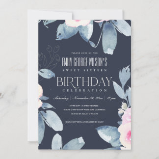 NAVY BLUSH BLUE BLUE FLORAL SWEET 16 JEDEN ALTER G EINLADUNG