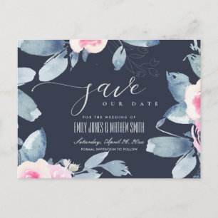 NAVY BLUSH BLUE FLORAL WATERCOLOR SAVE THE DATE ANKÜNDIGUNGSPOSTKARTE
