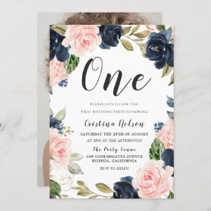 Navy Blush Blume 1. Geburtstag Party Junge oder Mä Einladung