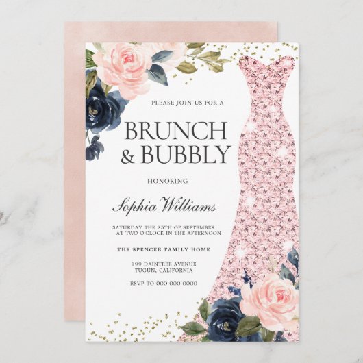 Navy & Blush Blume Brautparty Brunch & Bubbly Einladung (Vorne/Hinten)