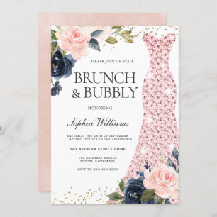 Navy & Blush Blume Brautparty Brunch & Bubbly Einladung