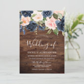 Navy & Blush Blume Rustikale Hochzeit Einladung (Stehend Vorderseite)