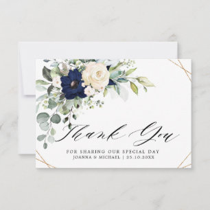 Navy-Blush-Blumen-Grünzeug-Geometrie-Hochzeit Dankeskarte