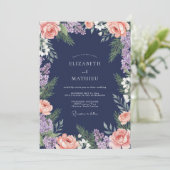 Navy-Blush-Blumen-Hochzeit Einladung (Stehend Vorderseite)
