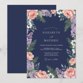 Navy-Blush-Blumen-Hochzeit Einladung (Vorne/Hinten)