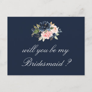 Navy-Blush-Blumen-Karte: Wirst du meine Brautjungf Einladungspostkarte