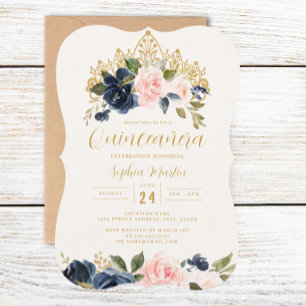 Navy-Blush-Blumen-Tiara Quinceanera  Einladung