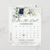 Navy Blush Blumengrün Kalender Save the Date Postkarte (Vorne/Hinten)