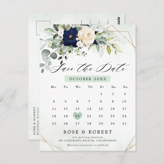 Navy Blush Blumengrün Kalender Save the Date Postkarte (Vorne/Hinten)