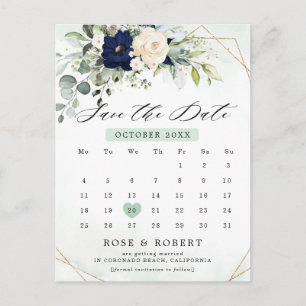 Navy Blush Blumengrün Kalender Save the Date Postkarte