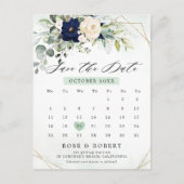 Navy Blush Blumengrün Kalender Save the Date Postkarte (Vorderseite)