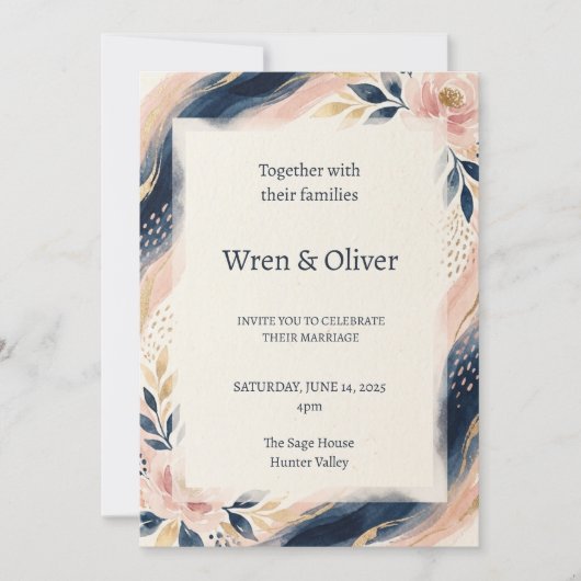 Navy Blush Bogen Hochzeit Einladung (Vorderseite)