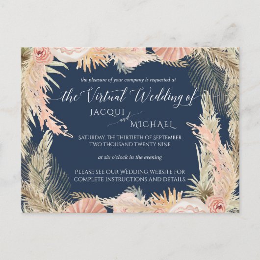 Navy Blush Bohemisch Pampas Floral Virtual Wedding Postkarte (Vorderseite)