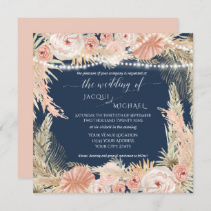 Navy Blush BOHO Twinkle Lights Floral Pampas Grass Einladung