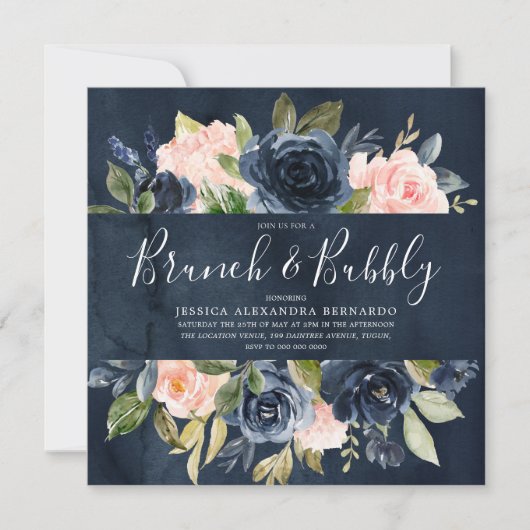 Navy Blush Brautparty Brunch Bubbly Einladung (Vorderseite)