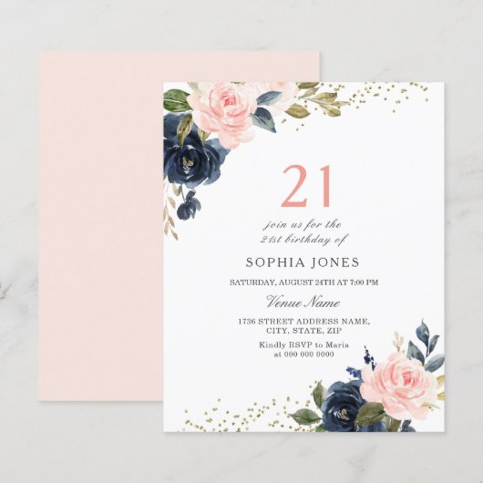 Navy & Blush Budget 21. Geburtstag Einladung (Vorne/Hinten)