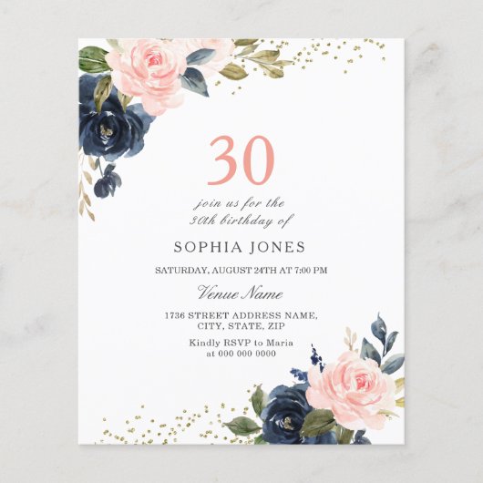 Navy & Blush Budget 30. Geburtstag Einladung (Vorderseite)