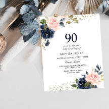 Navy & Blush Budget 90. Geburtstag Einladung