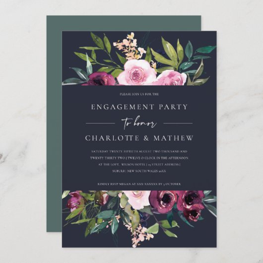 NAVY BLUSH BURGUNDY FLORAL BUNCH ENGAGEMENT PARTEI EINLADUNG (Vorne/Hinten)