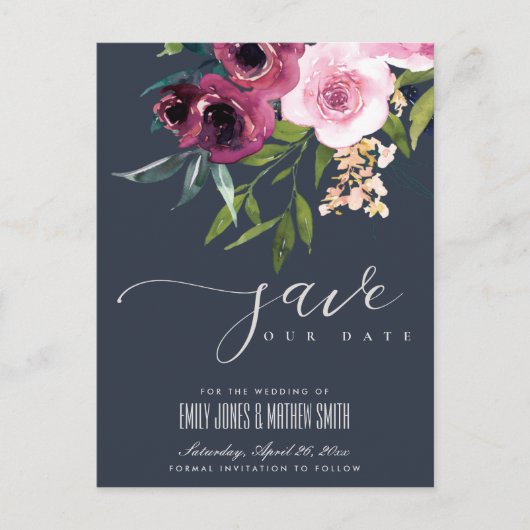 NAVY BLUSH BURGUNDY FLORAL BUNCH SAVE THE DATE ANKÜNDIGUNGSPOSTKARTE (Vorderseite)