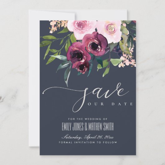 NAVY BLUSH BURGUNDY FLORAL BUNCH WEDING SAVE THE DATE (Vorderseite)