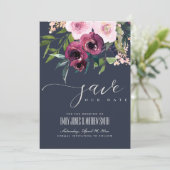 NAVY BLUSH BURGUNDY FLORAL BUNCH WEDING SAVE THE DATE (Stehend Vorderseite)
