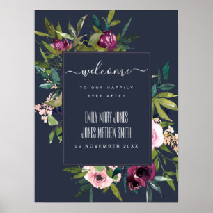 NAVY BLUSH BURGUNDY FLORAL BUNCH WEDING WILLKOMMEN POSTER