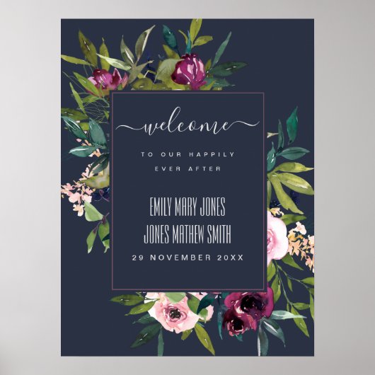 NAVY BLUSH BURGUNDY FLORAL BUNCH WEDING WILLKOMMEN POSTER (Vorne)