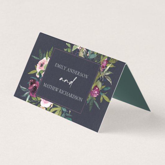 NAVY BLUSH BURGUNDY FLORAL WEDD PLATZKARTEN (Rückseite)