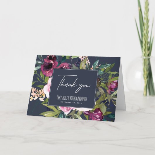 NAVY BLUSH BURGUNDY GREEN FLORAL BUNCH WEDING DANKESKARTE (Vorderseite)