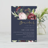 NAVY BLUSH BURGUNDY PROTEA FLORAL BRAUTPARTY EINLADUNG (Stehend Vorderseite)