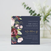 NAVY BLUSH BURGUNDY PROTEA PEONY FLORAL WEDD EINLADUNG (Stehend Vorderseite)