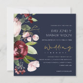 NAVY BLUSH BURGUNDY PROTEA PEONY FLORAL WEDD EINLADUNG (Vorderseite)