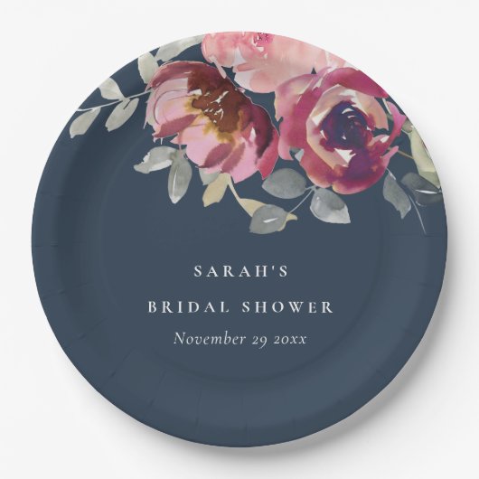 NAVY BLUSH BURGUNDY ROSE FLORAL BRAUTPARTY PAPPTELLER (Vorderseite)