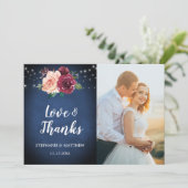 Navy Blush Burgundy Rose Lights Foto Hochzeit Dankeskarte (Stehend Vorderseite)