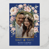 Navy Blush Chinoiserie Blume Foto Save the Date Folieneinladung (Vorderseite)